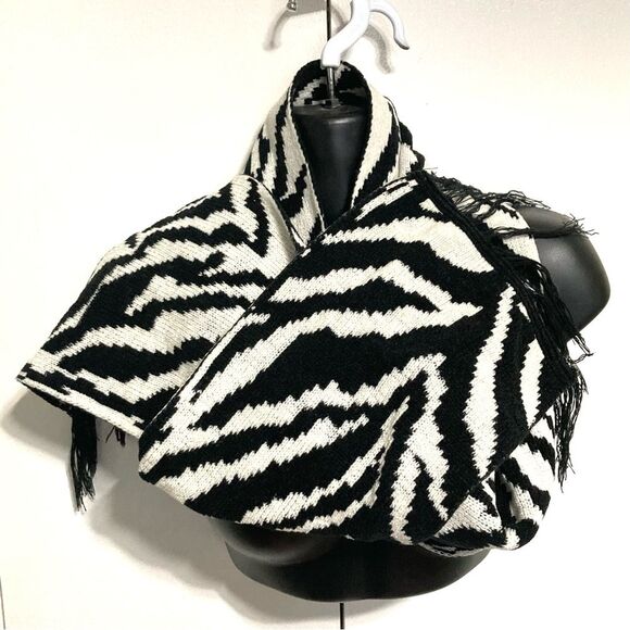 ZEBRA Fringe Scarf Thick Warm Cozy Black Ivory White Animal Print 55 x 7.5 inch - Picture 2 of 6